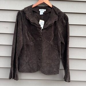 Y2K Brown Leather Jacket Ruffles Eyelet PS Women’s Vintage